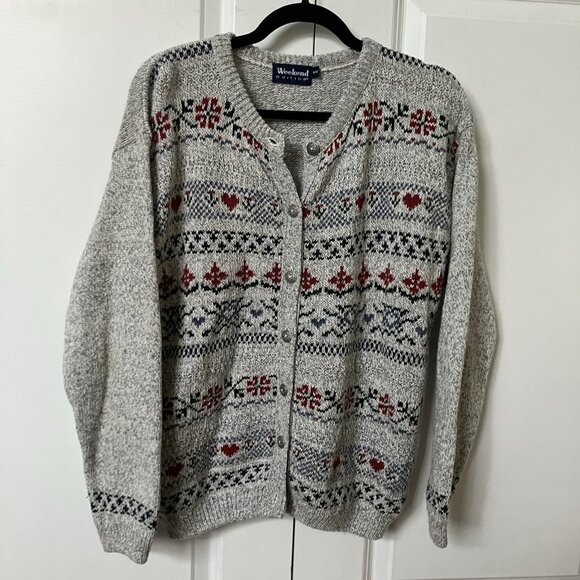 Vintage Weekend Edition Cardigan Womens M Wool Blend Gray Fair Isle Granny - Picture 1 of 6